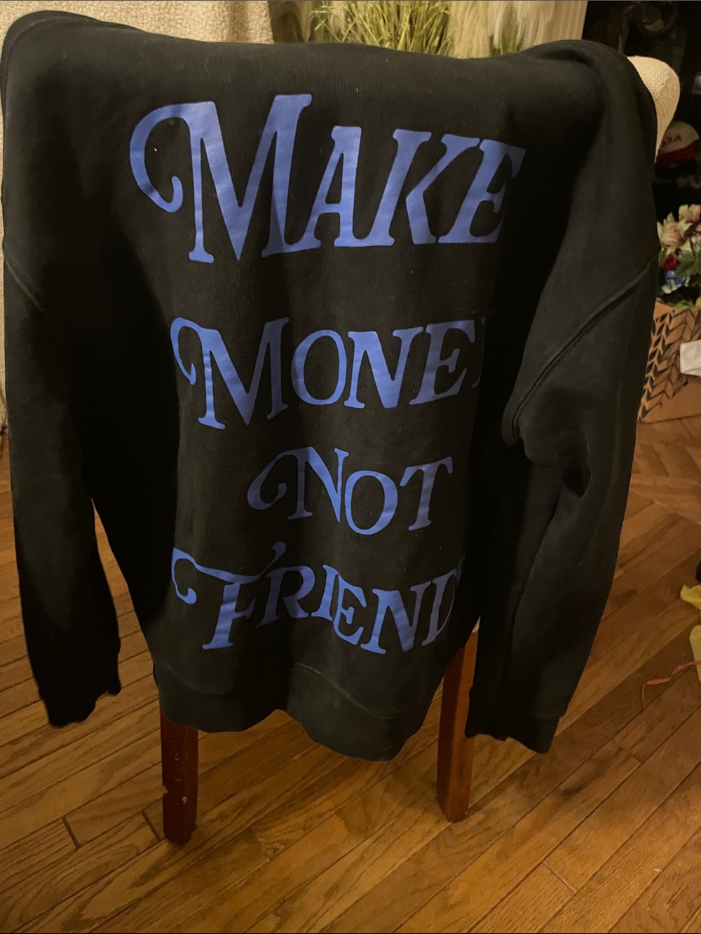 Men's Black hoodie with Blue 'Make Money Not Friends' Print